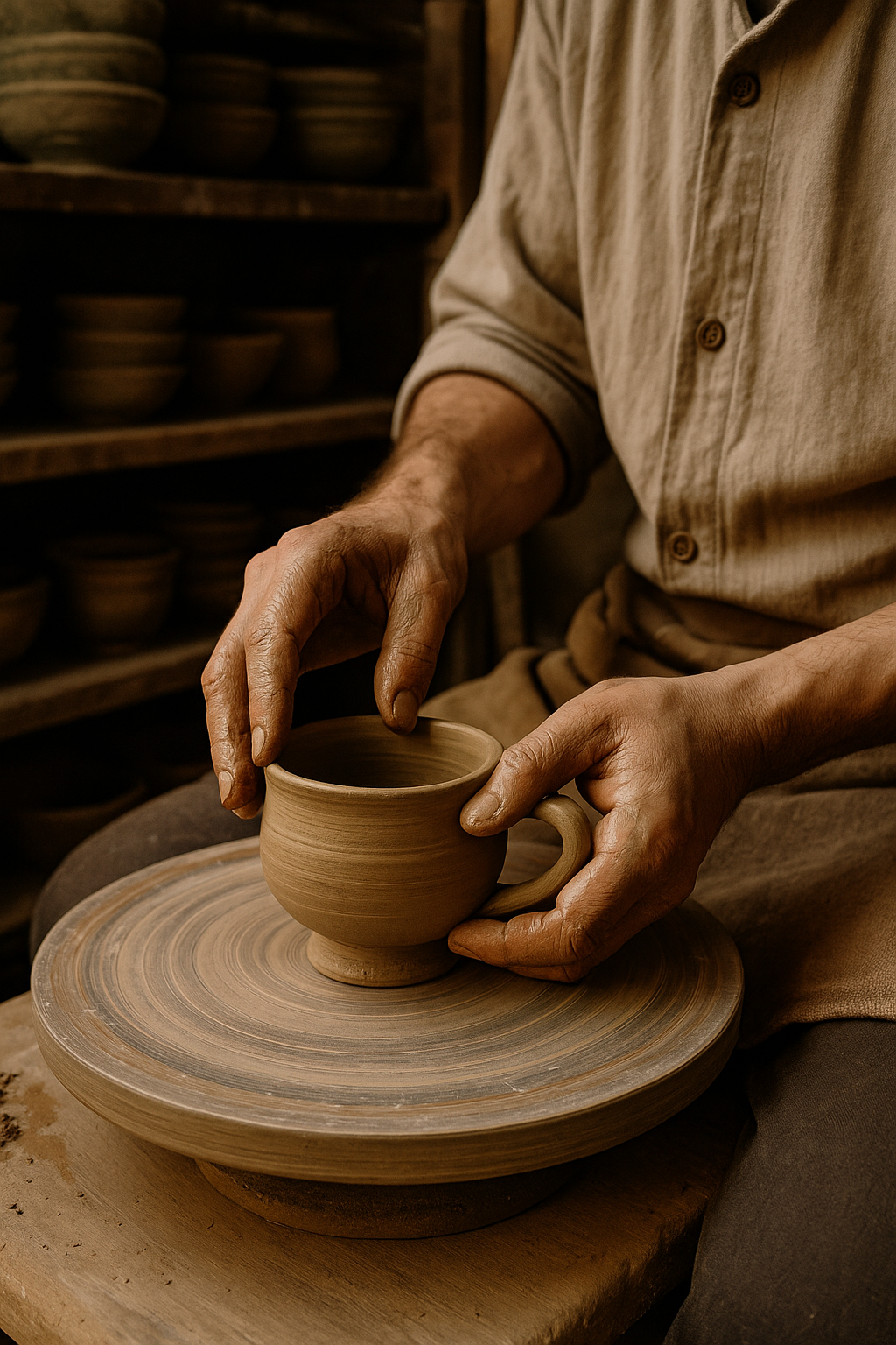Handwerker töpfert eine Teetasse