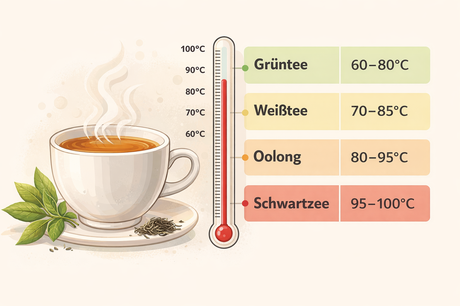 Illustration einer Tasse Tee mit Teeblättern und einer Übersicht optimaler Wassertemperaturen für Grüntee, Weißtee, Oolong und Schwarztee.